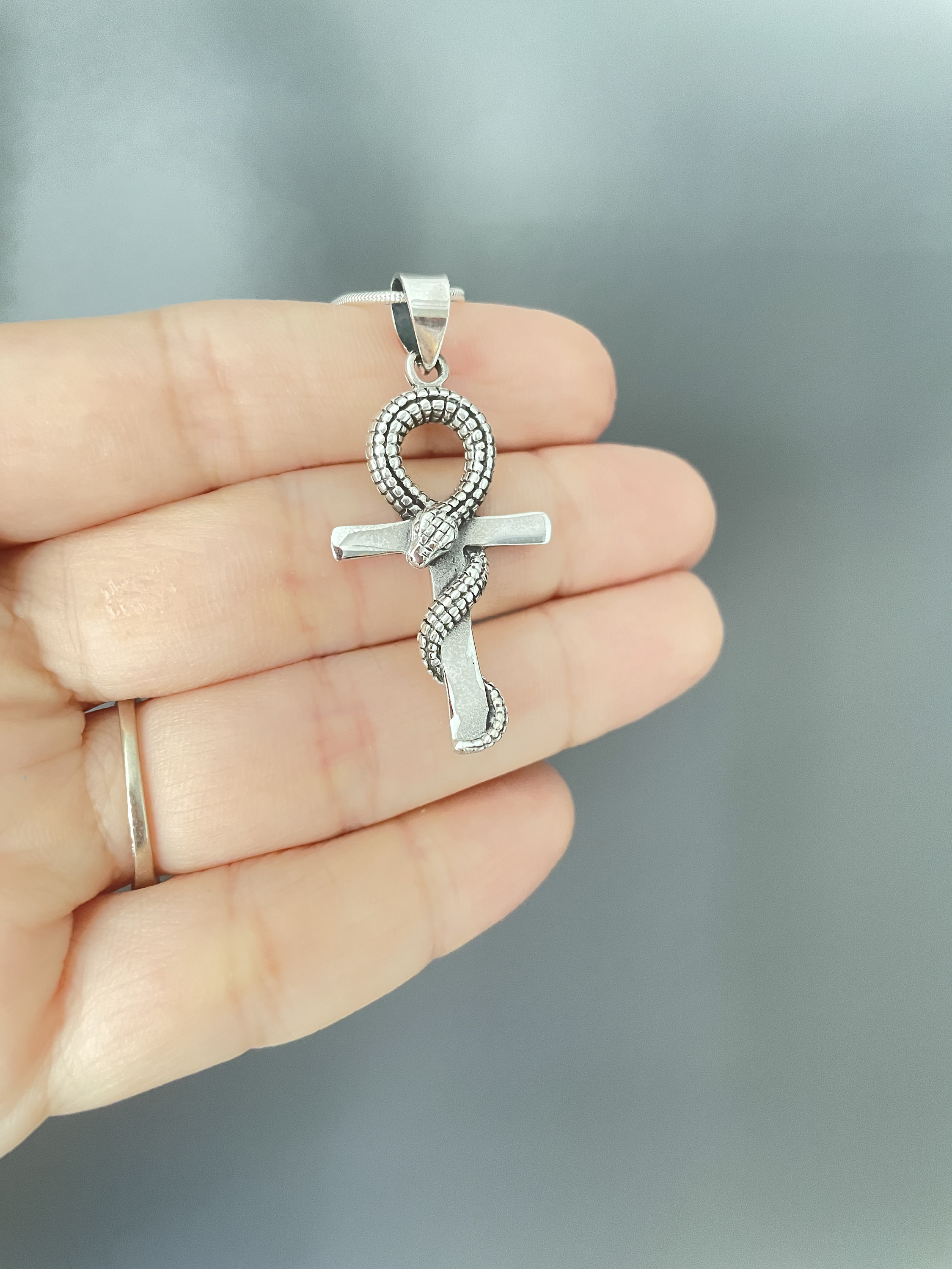 Cross Snake Ankh Necklace, Ankh Necklace, Sterling Silver Ankh