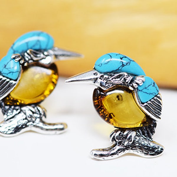 Kingfisher Earrings, Sterling Silver Kingfisher Stud Earrings, Bird Earrings, Bird Jewelry, Bird Gift, Turquoise jewelry, Amber jewelry