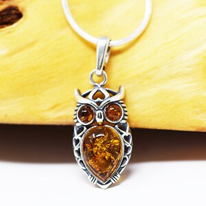 May include: Silver owl pendant necklace with amber-coloured stone. The owl pendant has detailed silverwork and a textured amber-coloured stone in the centre. The necklace has a silver chain.