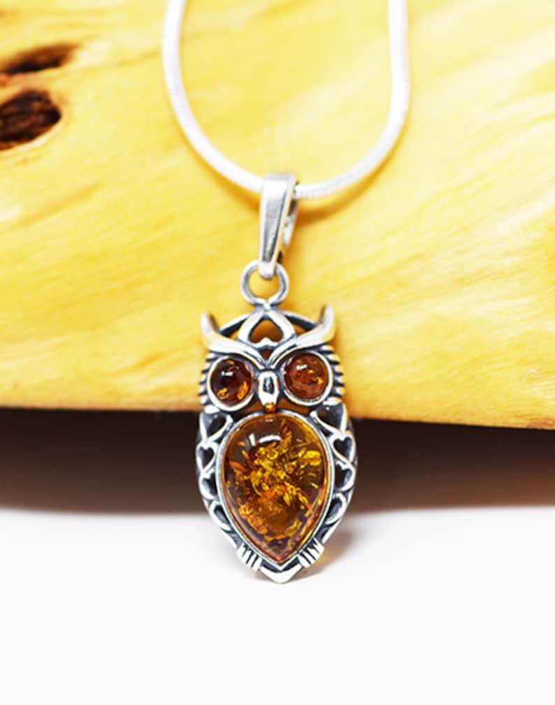 May include: Silver owl pendant necklace with amber-coloured stone. The owl pendant has detailed silverwork and a textured amber-coloured stone in the centre. The necklace has a silver chain.