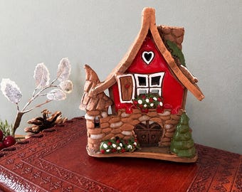 Ceramic House Tealight Holder Handmade – Christmas Village House Candle Holder – Holiday Ceramic House Decor – Cottagecore Christmas Decor