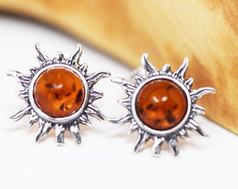 Sun earrings. Amber stud earrings. Earrings sun. Stud earrings. Silver earrings sun. Amber earrings.