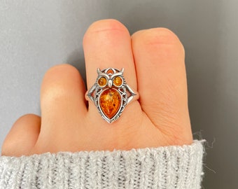 Owl Ring, Sterling Silver Owl Ring, Adjustable ring, Owl jewelry, Owl gifts, Amber jewelry, Owl, Owl lover, Bird Ring, Amber Owl Ring