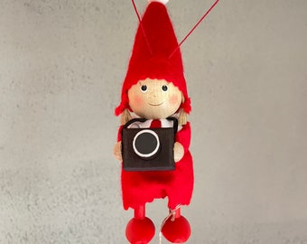 Fotógrafa, gnomo navideño con adorno de cuerda, adornos para el árbol de Navidad, regalo para fotógrafa, adornos para fotógrafa