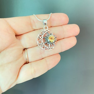 Sun and moon Necklace, 925 Sterling Silver Sun Pendant, Crescent Moon, Sun and moon jewelry, Celestial jewelry, Citrine jewelry