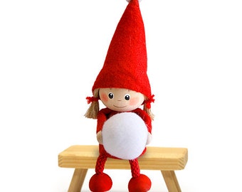 Girl with snowball. Christmas ornament with string. Christmas tree ornaments. Gnome ornament. Scandinavian gnome. Tomte, Nisse