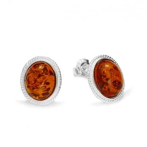 Amber earrings, Sterling Silver Stud Earrings, Oval earrings, Earrings gift, Amber jewelry, Women&#39;s earrings, Women jewelry, Earrings