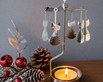 Cat Spinning Candle Holder – Rotary Tealight Carousel – Whimsical Home Decor – Gift for Cat Lovers – Nordic Design