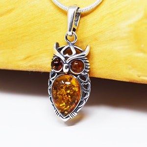 May include: Silver owl pendant necklace featuring a teardrop-shaped amber stone. The owl pendant has detailed features, including amber eyes and a textured silver frame. The necklace is on a silver chain.