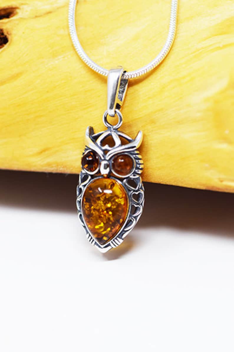 May include: Silver owl pendant necklace featuring a teardrop-shaped amber stone. The owl pendant has detailed features, including amber eyes and a textured silver frame. The necklace is on a silver chain.