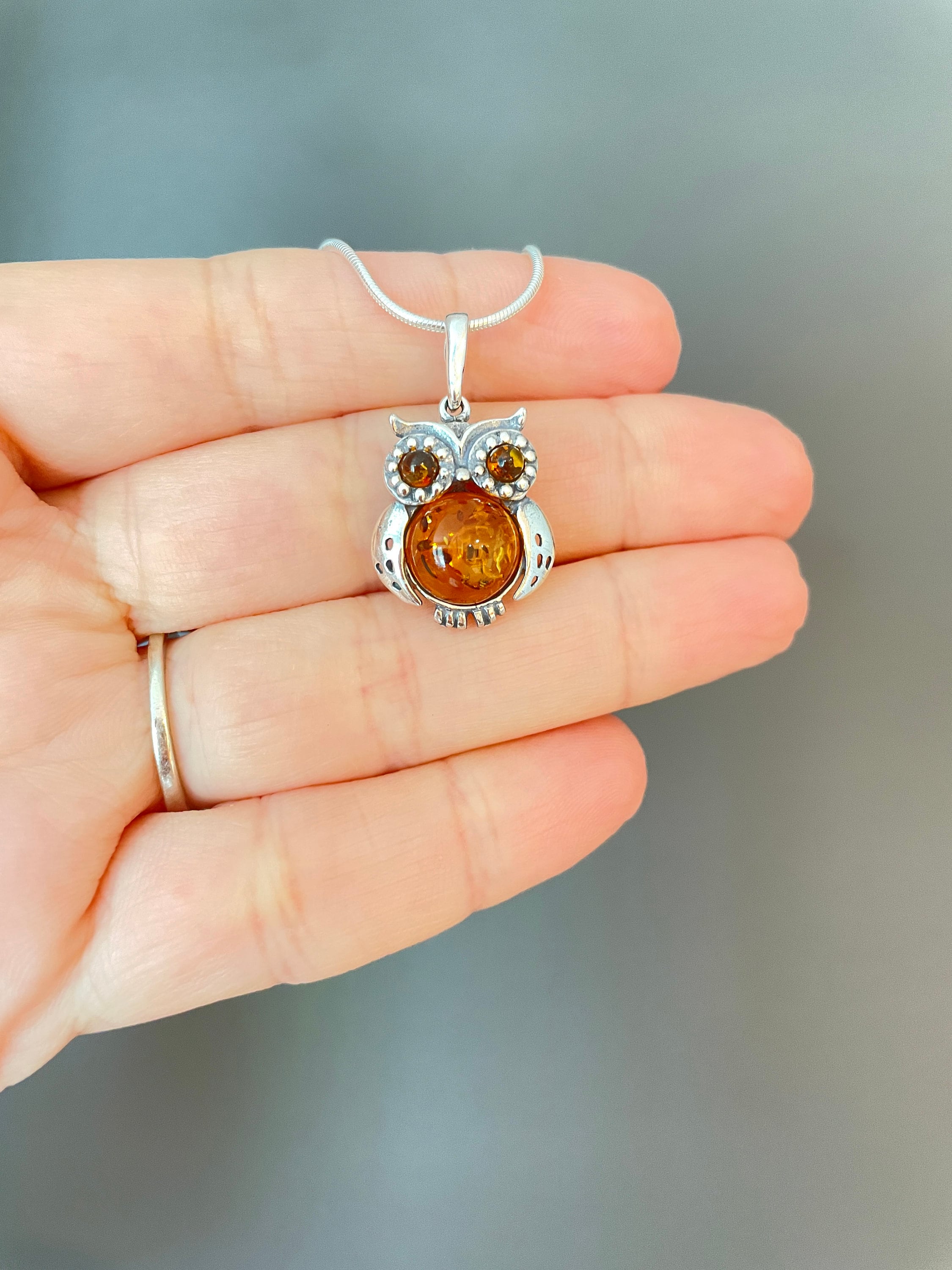 Owl Necklace, 925 Sterling silver necklace owl, Amber necklace, Amber owl, Owl Pendant necklace, Owl