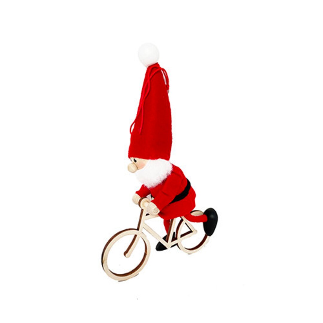 Santa on Bicycle. Christmas Ornament Santa Gnome on a String. Bicycle