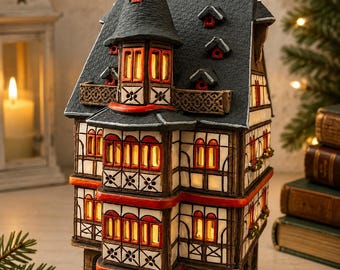 Puede incluir: Una figura de casa en miniatura de tres pisos con techo gris oscuro, paredes blancas y entramado de madera marrón. La estructura presenta marcos de ventanas rojos, varias buhardillas pequeñas e iluminación interior amarilla cálida.