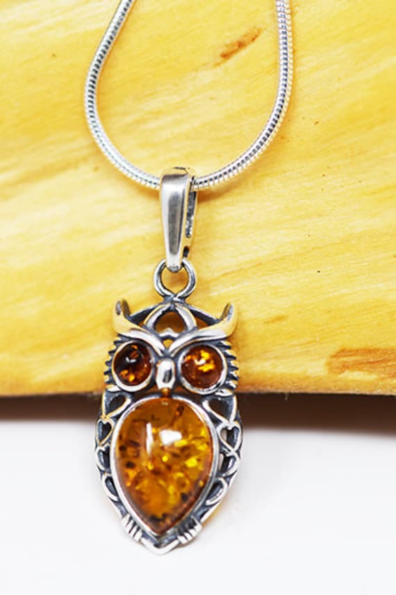 Owl Necklace, Sterling Silver Owl Pendant, Owl jewelry, Owl gifts, Amber jewelry, Owl, Owl lover, Bird jewelry, Amber Owl Necklace