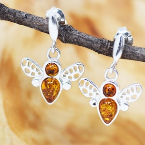 Bee earrings, Bee earrings dangle, 925 Sterling Silver Bee Earrings, Silver earrings bee, Amber bee earrings, Amber Jewelry, Bee jewelry