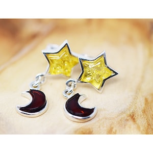 Star and moon earrings, Moon earrings, Star earrings, Star and moon sterling silver earrings, Amber earrings, Celestial jewelry