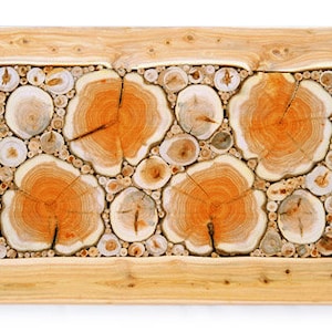 May include: A close-up of a wooden wall art piece made from many small, circular pieces of wood. The wood is a light brown color with darker brown rings. The piece is framed in a light brown wood frame.