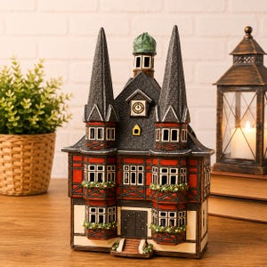 May include: A ceramic house figurine featuring a half-timbered design with red and cream walls, two tall dark gray spires, a central clock tower, and a green dome. The structure includes multiple windows with flower boxes and a front arched door.