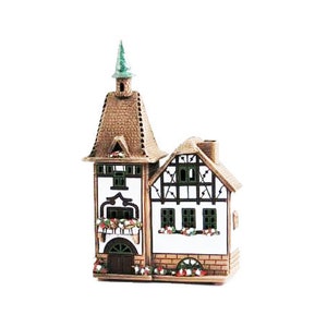 Townhouse with a tower, inspired by German half timbered architecture. Ceramic house tealight. Ceramic candle house and aroma lamp in one