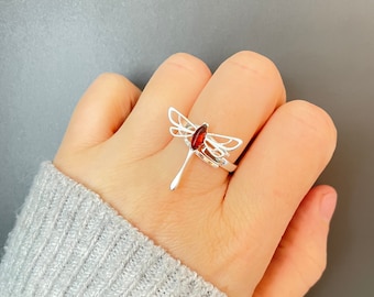 Anillo de libélula, Anillo de libélula de plata de ley 925, Anillo ajustable, Joyas de libélula, Regalo de libélula, Joyería de ámbar, Joyería de libélula