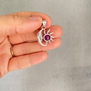 Sun and crescent pendant, Sun pendant, Sterling Silver 925, Sun necklace, Sun Jewelry, Sun with amethyst necklace, Sun and moon, Sun jewelry