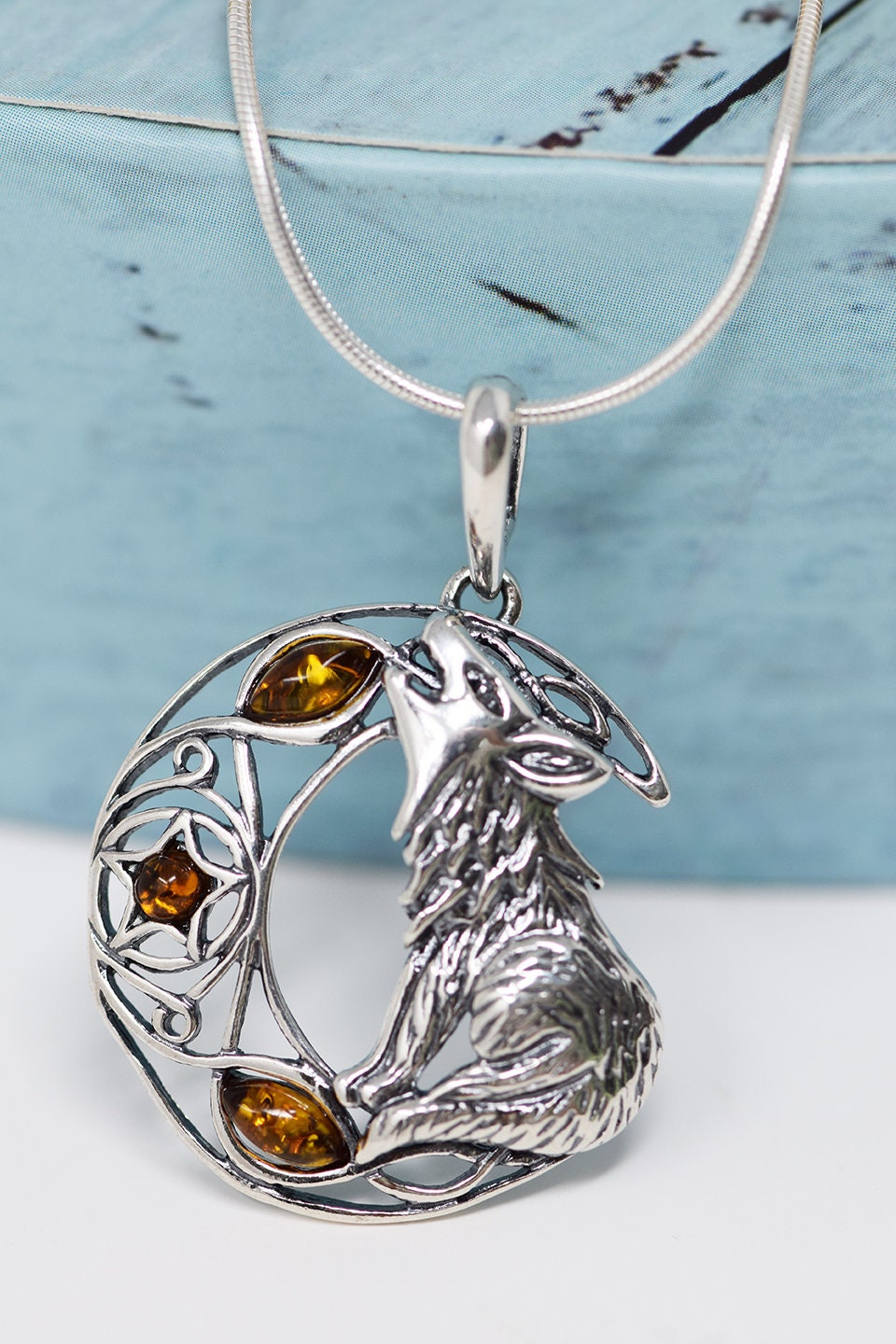 Wolf Necklace, Moon Necklace Sterling Silver, Crescent Moon