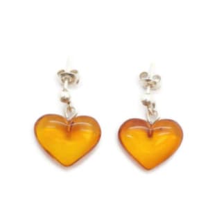 Heart Earrings, Sterling silver earrings, Amber Stud Earrings, Heart jewelry, Amber earrings, Heart gift, Amber Heart, Women&#39;s earrings