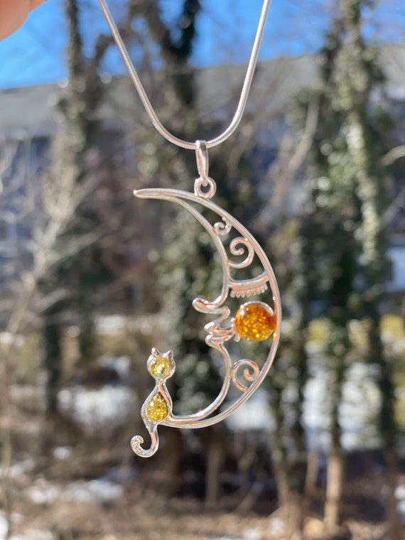 Silver Pendant Cat Pendant Moon Cat and Moon Amber Pendant
