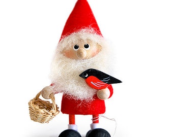 Santa gnome feeding bird. Christmas tree ornaments. Gnome Christmas decoration with string. Handmade Christmas present. Scandinavian gnome