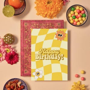 Cartão retrô “Feliz Aniversário” para impressão, pode ser editado no canva