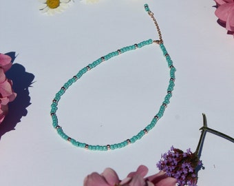 Turquoise and Rose Gold Beaded Choker Necklace