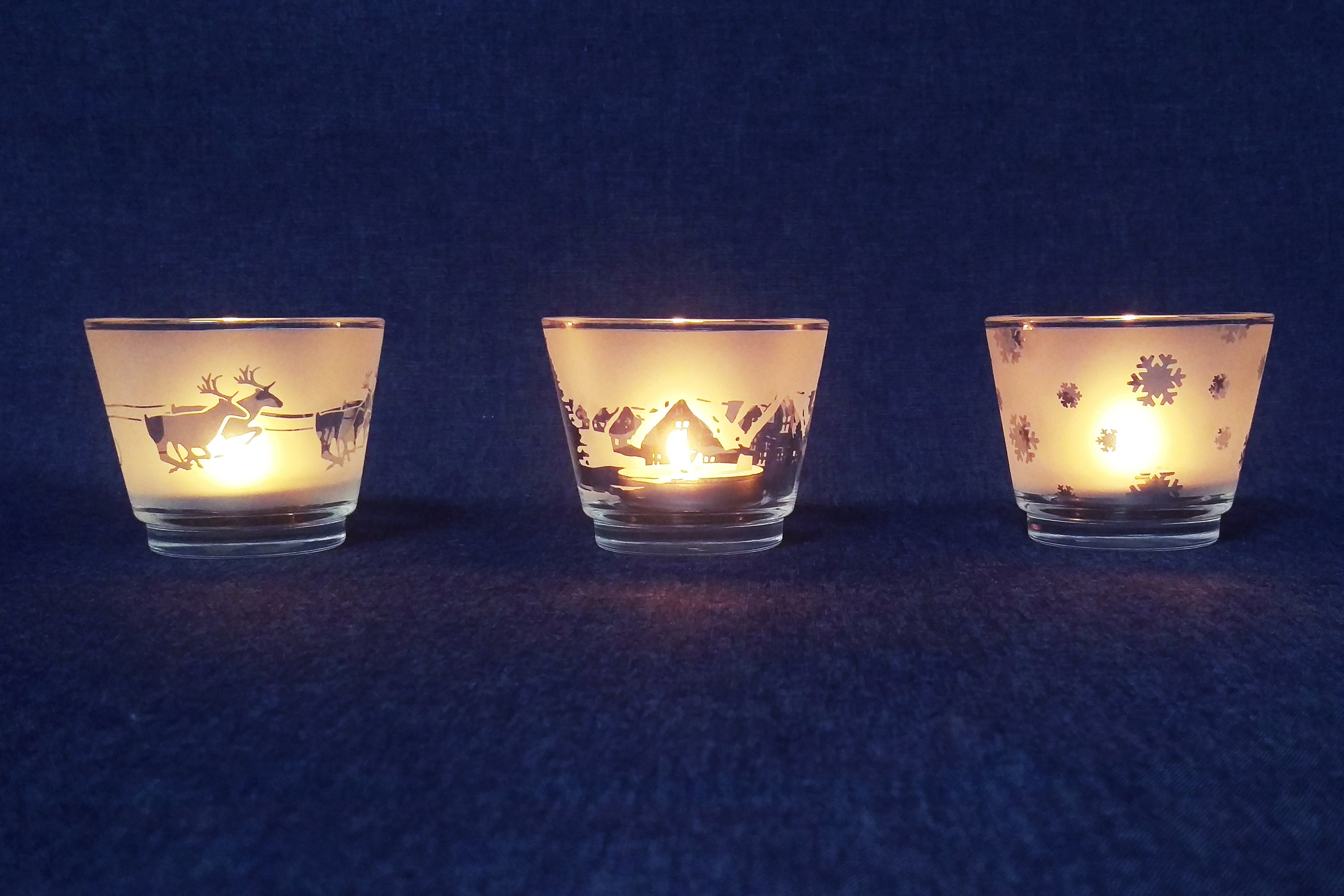 Christmas Scenes Engraved Glass tea light holder set. Etsy