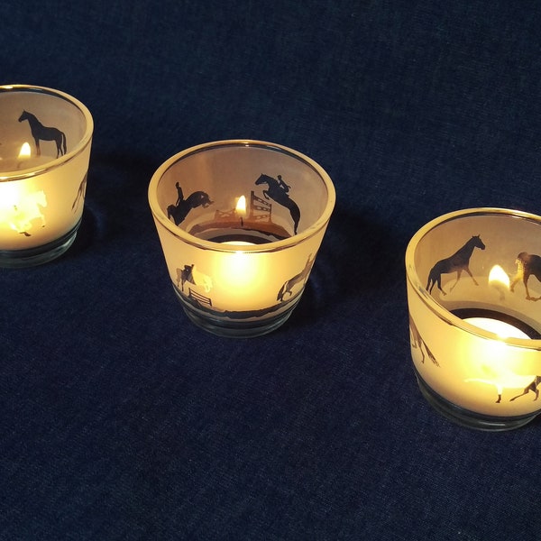 Horse Engraved Glass tea light holder set.