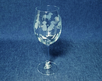 Dachshund Engraved Wine Glass, Featuring Dachshund dog Silhouettes, large white / red wine glass.