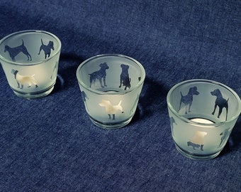 Patterdale Terrier Engraved Glass tea light holder set.