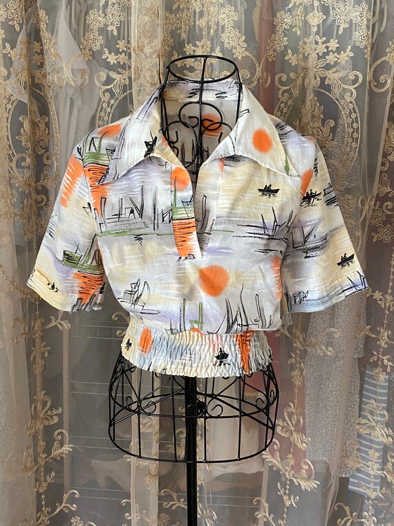 80’s Sunset Smocked Bottom Collared Blouse