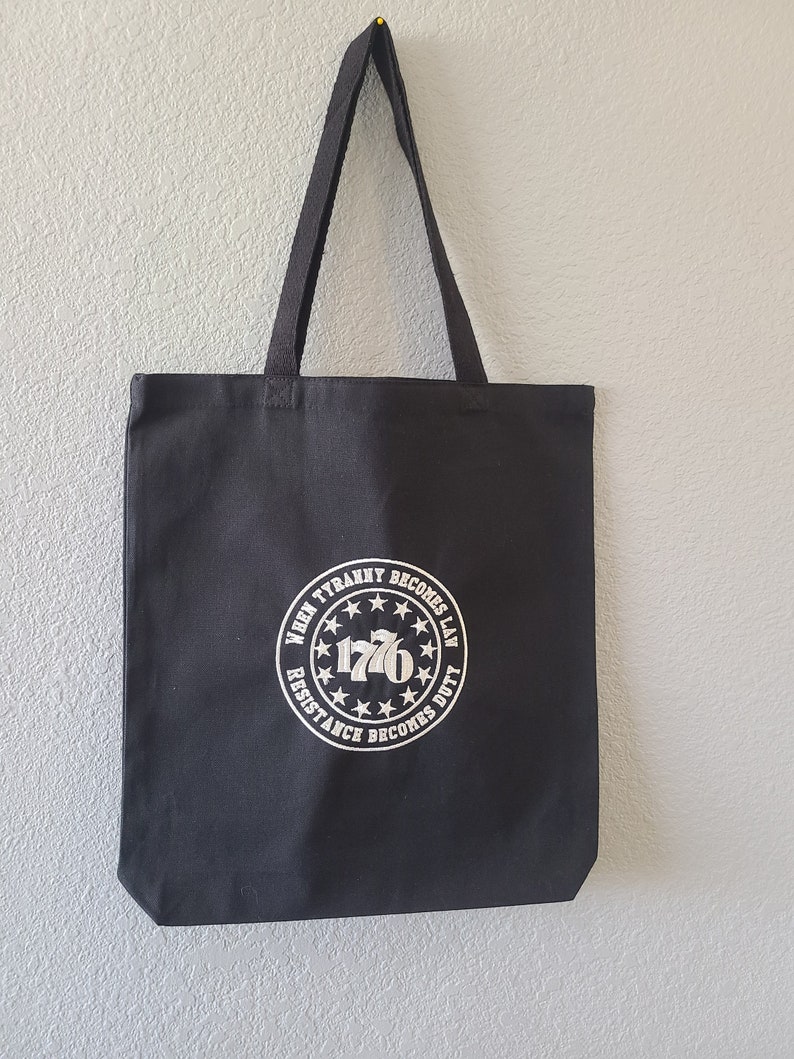 3 inch gusset Canvas bag with bold 1776 embroidered design USA made and individually handcrafted Reusable and heavy duty bag
