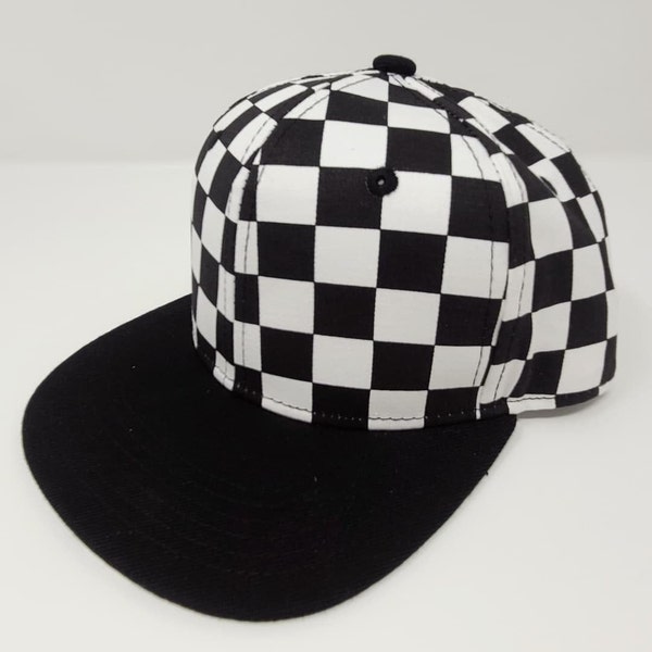 Toddler or infant snap back trucker hat, black and white checker board variations
