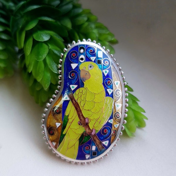 Silver parrot necklace - brooch in the style of Klimt , bird necklace , custom necklace, bird brooch