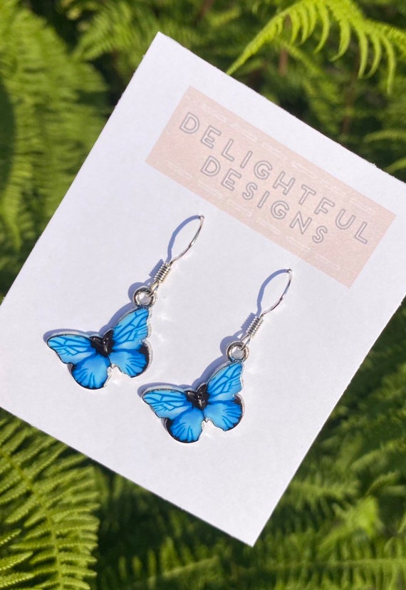 Hand painted blue butterfly gold plated earrings