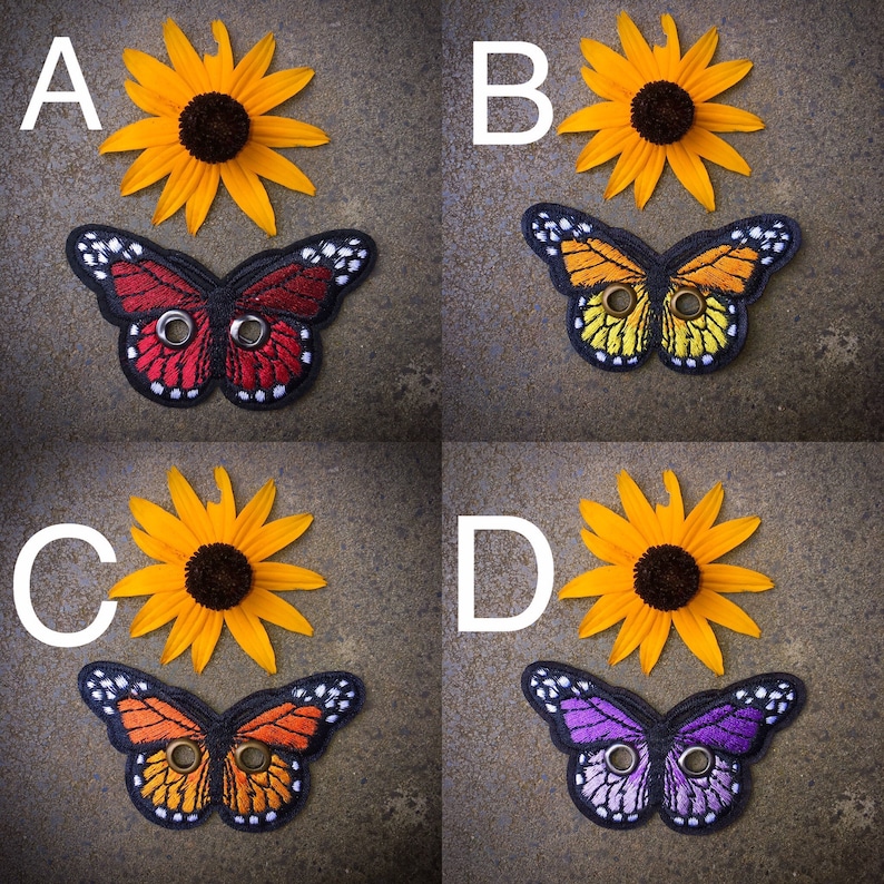 Peut inclure: Quatre motifs de papillons diff&eacute;rents avec des ailes noires, rouges, jaunes et violettes. Chaque papillon a deux boutons noirs sur ses ailes. Les papillons sont dispos&eacute;s en grille avec un tournesol derri&egrave;re chaque papillon.