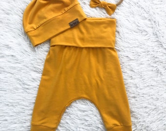 Going home outfit, baby joggers, newborn joggers, baby leggings, newborn leggings, baby hat, newborn hat, headband, mustard