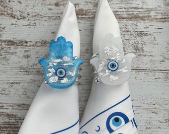 Mix & Match Hamsa Evil Eye Napkin Rings | White, Baby Blue