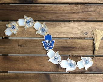 Hamsa Evil Eye Wall Hanging | Wall Art | Ornament | White and Blue with Gold finishing