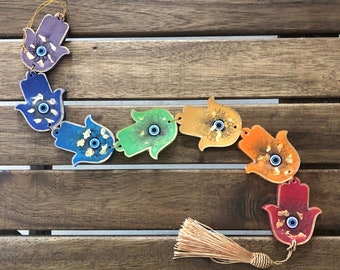 Hamsa Evil Eye Chakra Wall Hanging | Yoga Decoration | Wall Art | Ornament | Chakra Colors with Gold finishing