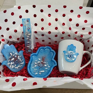 Evil Eye Hamsa Gift Box | Mug, Coaster, Bookmark, Trinket Gift Box | Thanksgiving | Christmas Gift | Holidays Gift Box | Baby Blue Colors