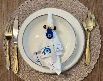 Mix & Match Hamsa Evil Eye Napkin Rings | White, Blue, Navy blue