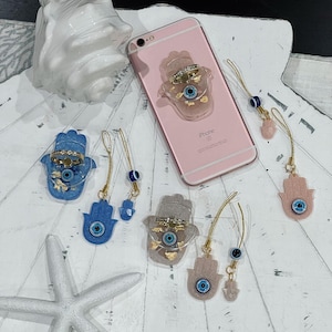 Lindo juego de 3 accesorios para teléfono y billetera con ojo malvado Hamsa / anillo para teléfono, dije para teléfono con cuenta de ojo malvado y dije de hamsa para billetera/monedero