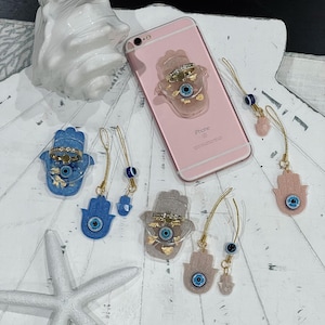 Cute Evil Eye Hamsa Phone and wallet accessories set of 3| phone ring, phone charm with evileye bead and wallet/purse hamsa charm