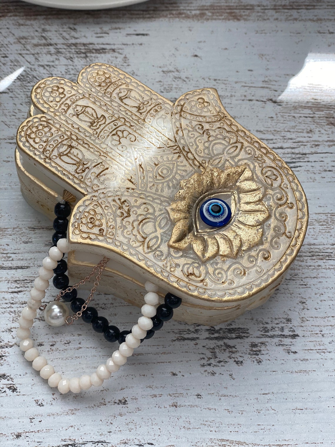 Hamsa Evil Eye Trinket Box With Vintage Touch Ring Dish Etsy